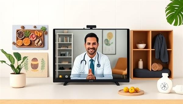 A virtual consultation scene with a healthcare professional interacting with a client via video call, surrounded by images of healthy food, exercise equipment, and mindfulness tools, creating a modern and personalized wellness experience.