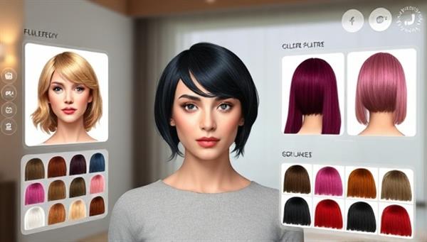 An interactive visualization of a user virtually trying on different hair colors and styles using the HairColorIQ platform, with realistic 3D hair effects and color swatches, showcasing the versatility and accuracy of the virtual consultation service.