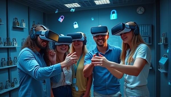 A group of friends wearing VR headsets, enthusiastically working together to solve a virtual puzzle in a futuristic digital escape room setting, with virtual locks and clues floating around them.