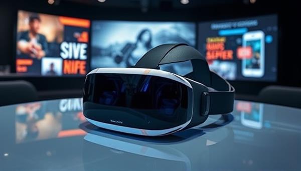 A futuristic VR headset displayed on a sleek table with digital projections of immersive marketing campaigns in the background, showcasing the blend of technology and creativity in ImmerseX Studio