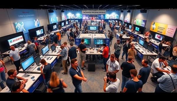 An interactive virtual space resembling a bustling gaming convention, with avatars of diverse gamers mingling, playing games, attending workshops, and showcasing their projects, highlighting the collaborative and social aspects of GameConnect Hub.