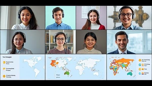 A diverse group of individuals from different cultural backgrounds engaging in a virtual language learning session, each with a headset on and a digital interface displaying language exercises, maps, and cultural trivia.