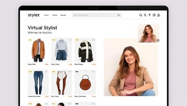 A sleek and modern website interface displaying various outfit suggestions and fashion accessories, with a virtual stylist interacting with a user through a video call, creating a personalized and engaging virtual styling experience.