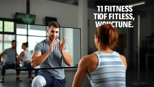 A dynamic image of a virtual fitness coaching session, featuring a coach demonstrating exercises and guiding a client through a workout routine via video call, with motivational fitness quotes in the background to inspire action and commitment.