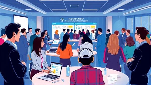 An illustration of professionals engaging in a virtual networking event, with AI-driven matchmaking connecting mentors and mentees in a dynamic virtual space, symbolizing the collaborative and insightful interactions facilitated by ConnectMentorNet.