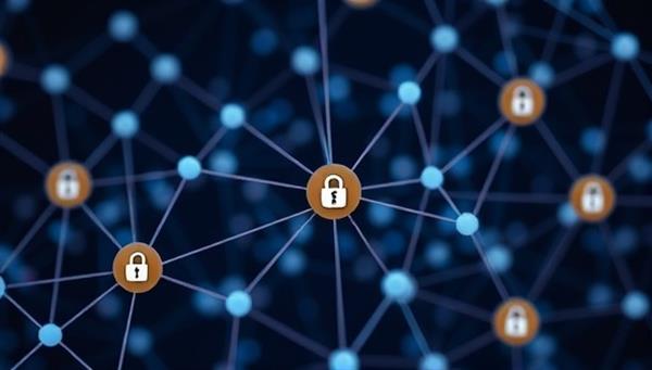A decentralized network of interconnected nodes representing secure transactions between freelancers and clients on a blockchain-based platform, symbolizing trust and transparency.