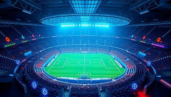 A dynamic and futuristic image showcasing a digital sports arena surrounded by blockchain symbols and cryptocurrency logos, symbolizing the marriage of sports betting and blockchain technology in a visually engaging way.