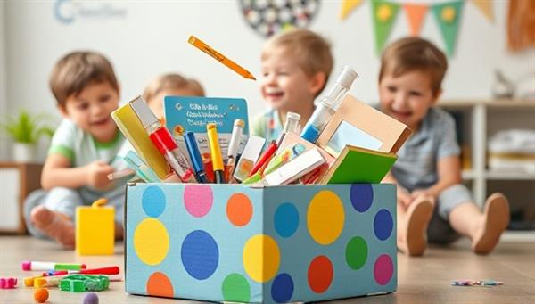 A colorful box overflowing with educational materials like science experiments, art supplies, and puzzle games, with happy children playing and learning in the background, conveying joy and discovery.
