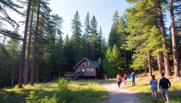 A serene wilderness lodge surrounded by towering trees, scenic trails, and outdoor enthusiasts engaging in hiking and wildlife spotting activities, embodying a spirit of adventure, connection with nature, and community bonding at Wild Wanderlust Lodge.