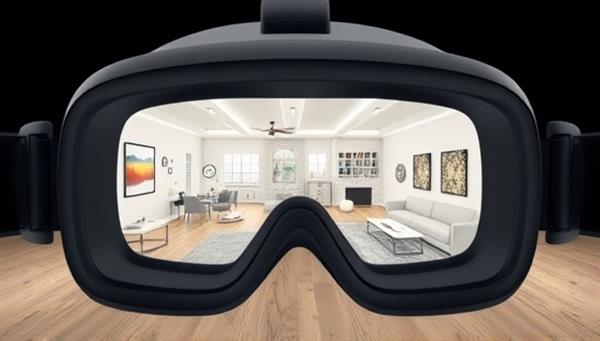 An immersive VR headset displaying a virtual home design environment with realistic room layouts, furniture options, and color schemes, creating a futuristic and interactive visualization of the VirtuDesign Consult VR home design consultation service.