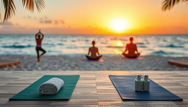 A serene beachfront location with yoga mats, spa accessories, and Serenity Haven Retreats branding displayed in a tranquil outdoor setting, with silhouettes of people engaging in yoga and meditation practices against a picturesque sunset backdrop, symbolizing the restorative and luxurious experience of the wellness retreat membership.