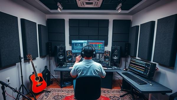 An immersive image of a virtual music production studio setup, showcasing a student working on a track using music production software, surrounded by musical instruments, studio monitors, and soundproofing panels, capturing the essence of creativity and musical exploration.