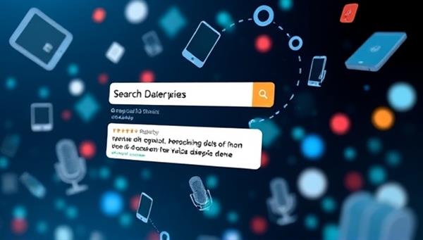 An abstract visual representation of voice-activated devices and search queries floating in a digital space, with optimized content snippets and website links appearing in response, illustrating the seamless and effective voice search optimization services offered by VoiceRank Pro.