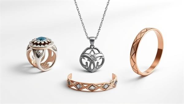 An elegant digital mockup showcasing a variety of 3D printed jewelry pieces, including a customized ring with intricate details, a personalized necklace with a unique pendant, and a bracelet featuring geometric patterns, all displayed against a stylish background to emphasize individuality and craftsmanship.