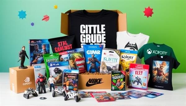 An enticing subscription box display featuring a variety of gaming-themed items, including figurines, apparel, snacks, and game codes, arranged in a visually appealing layout with vibrant colors and exciting surprises, evoking anticipation and joy.