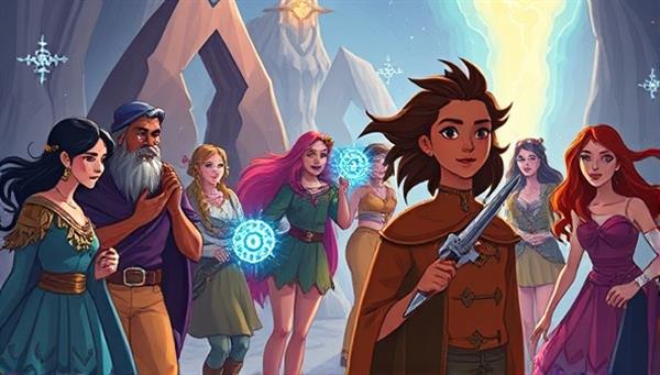 An illustration of a group of diverse characters embarking on a fantasy adventure, surrounded by magical elements and interactive choices, representing the immersive and collaborative nature of the storytelling games offered by the subscription service.