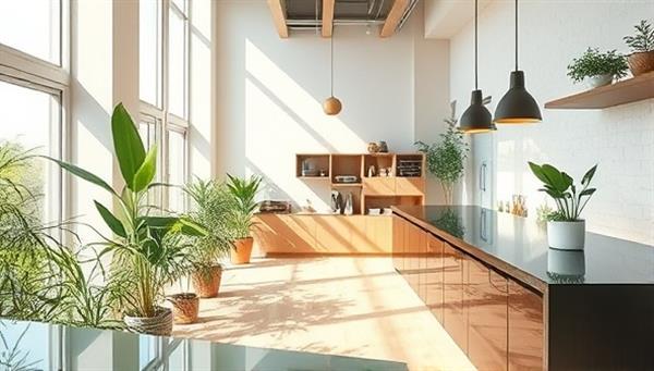 An image of a modern, eco-friendly renovated space with natural light, plants, and sustainable materials like bamboo flooring and recycled glass countertops, conveying a harmonious blend of nature and innovation.