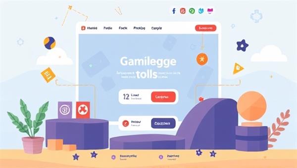 An illustration of a website homepage designed as a game interface, featuring levels, challenges, and rewards, surrounded by playful elements to visually represent gamified web design solutions.