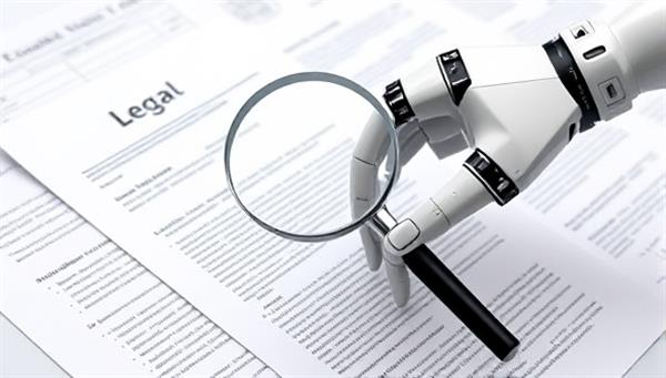 An artistic representation of a robotic hand holding a magnifying glass over legal documents, symbolizing precision and advanced technology in document review.