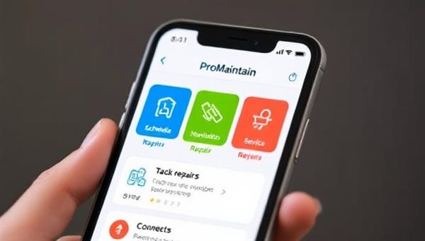 A smartphone displaying the ProMaintain app interface with colorful icons for scheduling maintenance tasks, tracking repairs, and connecting with local service providers, symbolizing convenience and efficiency in property management.