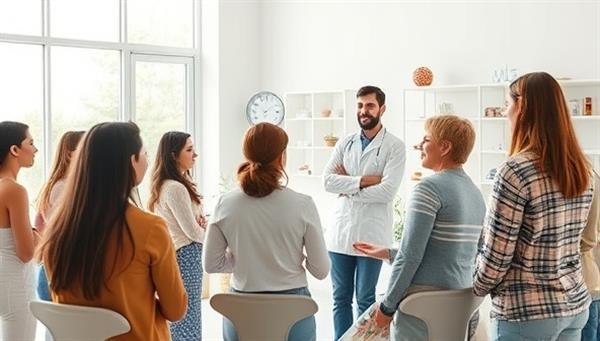 A pharmacist leading a wellness workshop in a bright, airy space with participants engaged in interactive discussions and activities, promoting a collaborative and educational wellness environment.