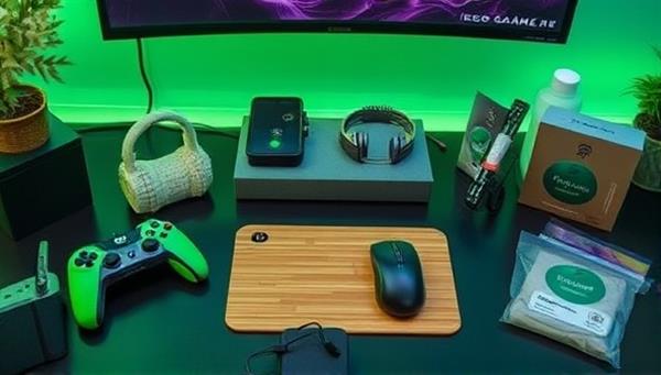 An artistic representation of a gaming setup featuring eco-friendly gaming accessories like a biodegradable controller, a bamboo gaming mouse pad, and recyclable packaging materials, emphasizing the eco-conscious and sustainable nature of the products offered by EcoGamer Gearbox.