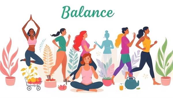 An inspiring digital illustration featuring a diverse group of individuals engaged in various wellness activities like yoga, running, cooking healthy meals, and meditating, conveying a message of balance, vitality, and self-care.