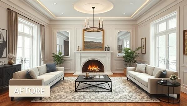 An elegant living room scene with virtual design elements overlaid, showcasing before and after visuals of a space transformation through virtual interior design consultations, highlighting creativity and functionality.