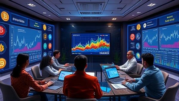 An immersive digital artwork showcasing a virtual meeting room where diverse individuals are discussing cryptocurrency trends on screens, surrounded by digital currency logos and graphs, capturing the futuristic and collaborative spirit of the investment club.