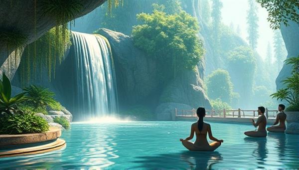 An evocative illustration of a serene digital oasis with a tranquil waterfall, lush greenery, and a peaceful meditation space, where virtual avatars engage in mindful practices and relaxation techniques, symbolizing the calming and rejuvenating experience of CalmMind Oasis.