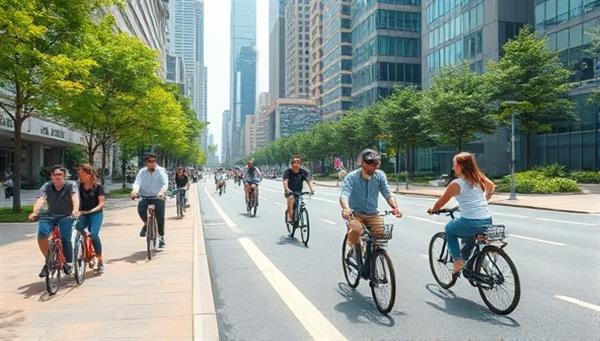 A bustling city street scene with commuters effortlessly riding e-bikes along dedicated bike lanes, with skyscrapers and green spaces in the background, illustrating a modern and eco-friendly urban commuting experience.