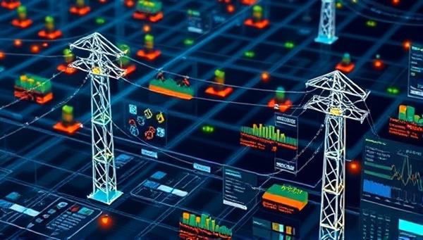 A digital simulation of a smart grid network displaying real-time data on energy distribution and consumption, with interactive grid monitoring tools and analytics graphs, symbolizing advanced grid optimization and management solutions for the energy industry.