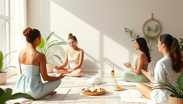 An artistic representation of a serene beauty wellness workshop setting, featuring a group of diverse participants engaging in mindfulness exercises, skincare rituals, and self-care practices, surrounded by calming natural elements and soothing color palettes, evoking a sense of inner beauty and well-being.