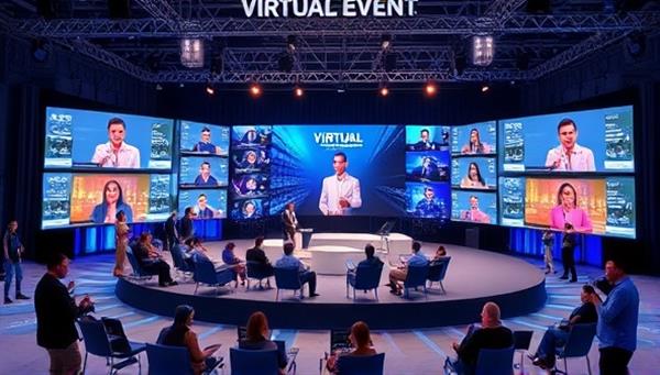 An interactive virtual event setup featuring a virtual stage with multiple screens displaying speakers and attendees from around the world, with engaging graphics and interactive elements, symbolizing innovation and global connectivity.