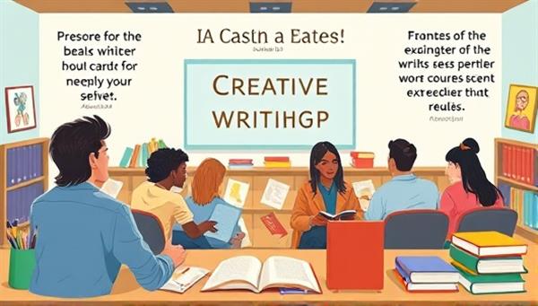 An artistic illustration depicting a virtual classroom setting with diverse participants engaging in a creative writing workshop, surrounded by colorful books, pens, and inspirational quotes on creativity, evoking a sense of imagination and community among writers.
