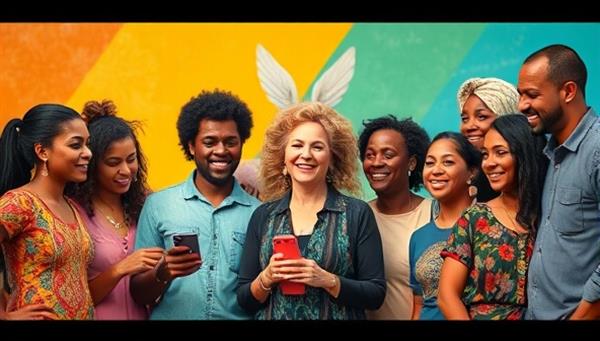 An artistic depiction of a diverse group of people from various cultural backgrounds engaging with a vibrant and inclusive ad campaign, symbolizing unity and cultural diversity in advertising through authentic and representative messaging.