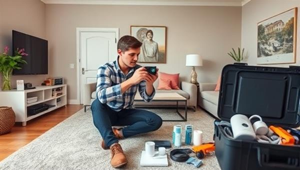 A professional technician setting up a smart thermostat in a modern living room, surrounded by a toolkit and smart home devices, showcasing precision and expertise in smart technology integration.