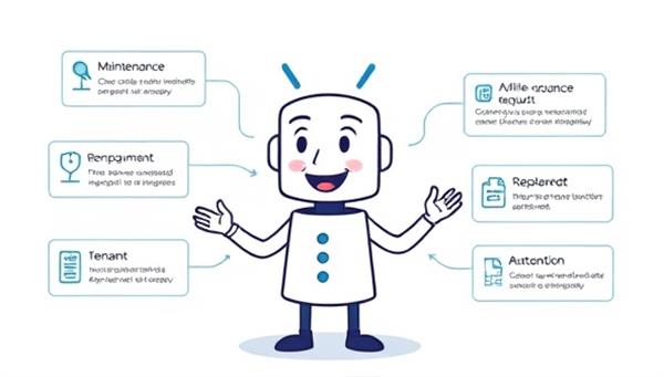 An illustration of a digital assistant character representing the AI-powered property management platform, organizing maintenance requests, rent payments, and tenant communications in a seamless and efficient manner, showcasing the convenience and automation benefits.