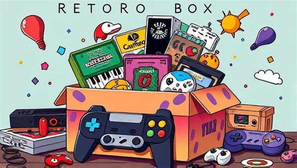 An artistic depiction of a colorful subscription box filled with retro gaming treasures, including cartridges, controllers, stickers, and throwback merchandise, evoking feelings of nostalgia and excitement for subscribers.