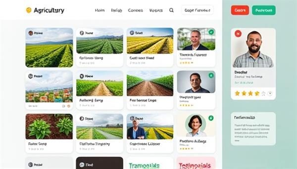 An engaging digital platform interface showcasing a variety of agricultural courses, expert profiles, and testimonials, creating a dynamic and interactive learning environment for users.