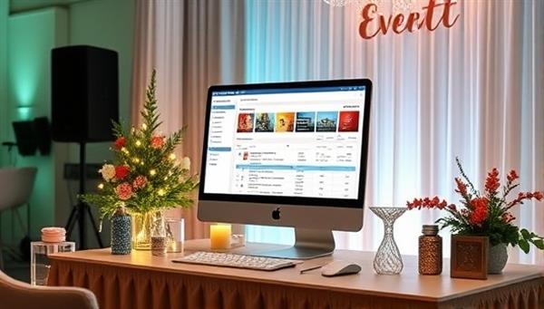An elegant virtual event setup with a computer displaying a sophisticated event planning dashboard, surrounded by digital event decorations and a festive atmosphere, conveying convenience and creativity.
