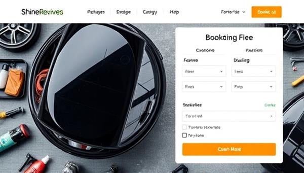 An online booking platform featuring a selection of car detailing packages, with images showcasing the transformation of a dirty car to a sparkling clean vehicle, surrounded by professional detailing tools and products, highlighting the convenience and quality of ShineRevive