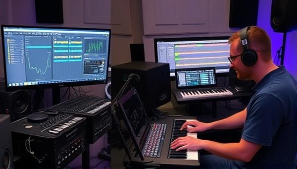 A split-screen image showing two musicians in different locations working together on a virtual music project, with digital instruments and mixing tools displayed on their screens, capturing the essence of remote collaboration in music production.