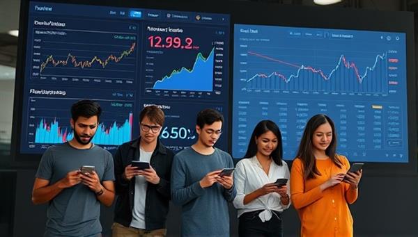 A modern and sleek digital interface displaying various cryptocurrency graphs and investment options, with a diverse group of young investors engaging with the platform on different devices, symbolizing accessibility and inclusivity.