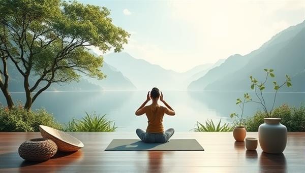 A serene virtual wellness retreat environment with a tranquil digital landscape, featuring an online yoga session in progress, calming music, and virtual nature elements to evoke a sense of relaxation and inner peace.