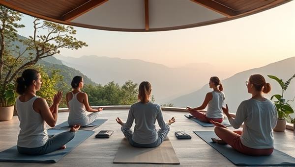 A serene virtual wellness retreat scene with participants engaging in guided meditation and yoga sessions, surrounded by tranquil nature settings and calming music, creating a peaceful and rejuvenating atmosphere for relaxation and mindfulness practice.