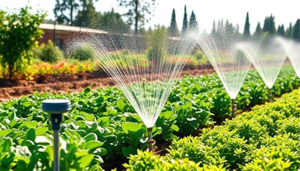 A smart irrigation system in action, watering a diverse range of plants with precision and efficiency, showcasing the technology