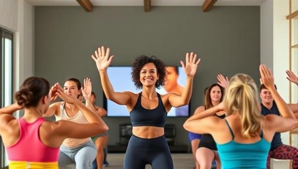A vibrant and energetic fitness coach leading an online workout session, surrounded by a diverse group of participants exercising enthusiastically, showcasing the inclusive and interactive nature of FitFusion.