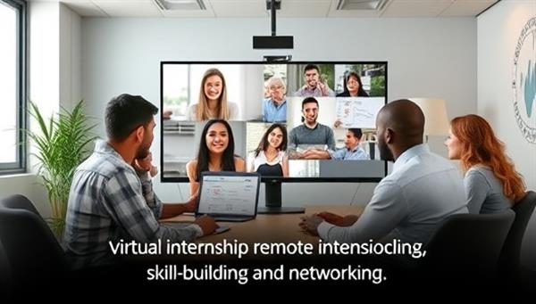 An engaging visual of a virtual internship orientation session with interns from diverse backgrounds engaging in a virtual meeting with company representatives, exchanging ideas and insights, symbolizing collaboration and professional development, with a tagline highlighting the benefits of remote internships for skill-building and networking.