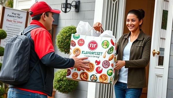 A vibrant food delivery scene showcasing a variety of cuisines and restaurant logos featured on a delivery bag, with a delivery driver handing over a package to a happy customer at their doorstep, capturing the essence of convenience and culinary diversity offered by FlavorFleet Delivery.